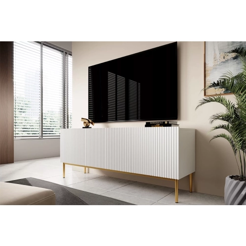 Szafka RTV Nicole 150 cm na metalowych nogach z szufladą - biały mat / złote nóżki